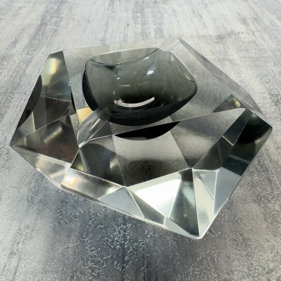 Murano Ashtray Mid Century Modern Faceted Grey Black Amber Glass Art Bowl - Picture 8 of 15